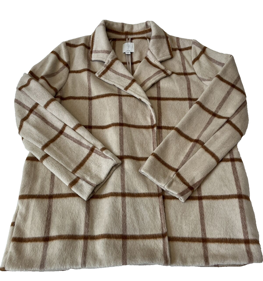 JOIE Womens Open Front Overcoat Jacket Sz L Plaid Pockets Wool Blend